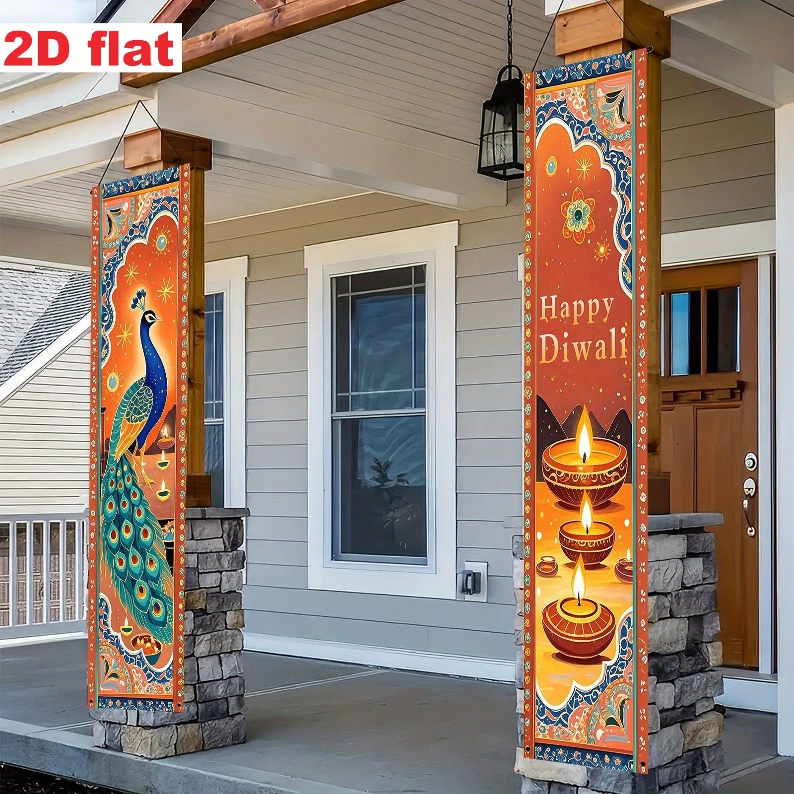 Indian Diwali Theme Decoration Welcome Door Couplets, Peacock, and Oil Lamp Decoration Design
