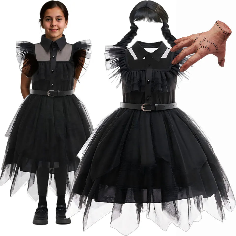 2025 Movie Weirdo Wensday Role Play Costume with Belt Wed. Season 2 Girl Prom Gown Soft Frock Gothic Black Adams Halloween Dress