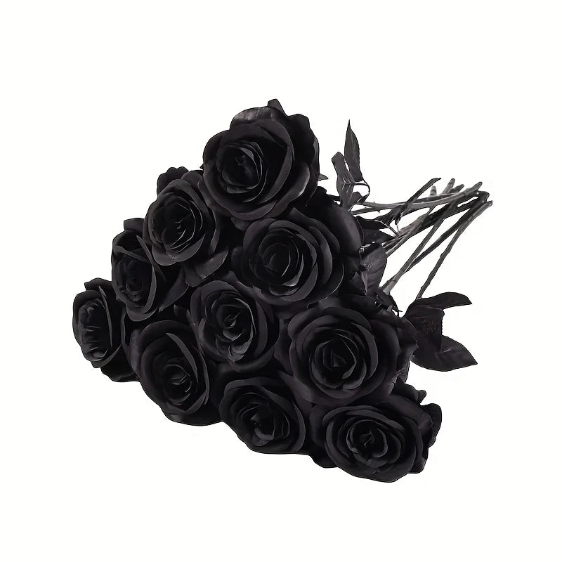 Artificial Black Roses Fake Flowers, Long Stem, with No Container, for Halloween, Home Decor, Wedding Party, Tabletop