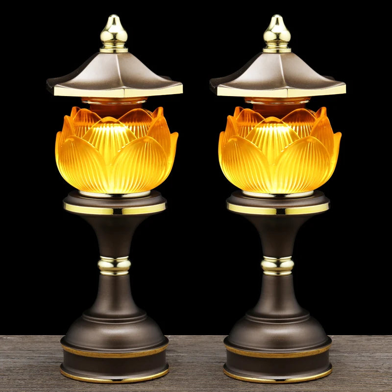 A Pair 2PCS Wholesale Buddhism supply HOME Shop temple altar Buddhist worship tool high grade Lotus LED buddha Light 30cm tall