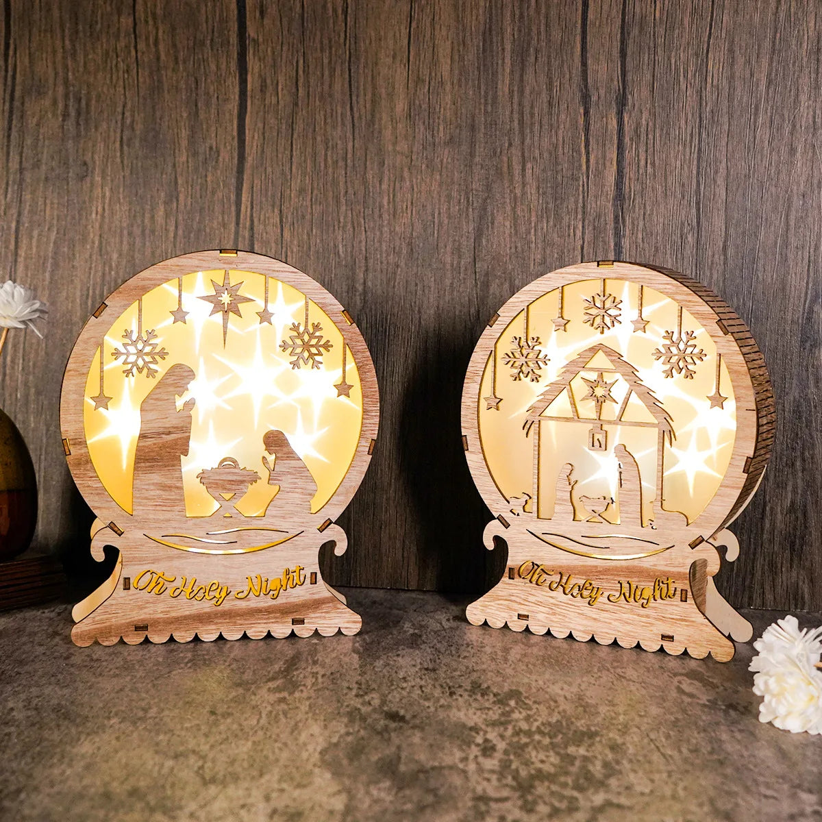 Oh Holy Night Christmas Jesus Birth Wooden Ornaments Led Luminous Bedroom Decoration Christmas Decorations Souvenirs Home Decor
