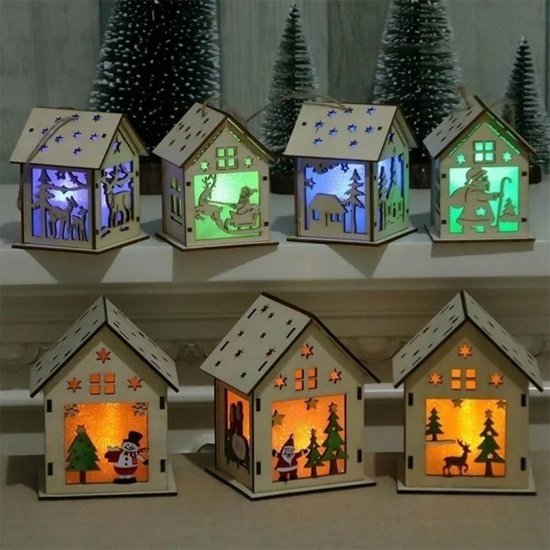 Christmas LED Light Wooden House Luminous Cabin Merry Christmas Decorations for Home DIY Xmas Tree Ornaments Kids Gifts New Year