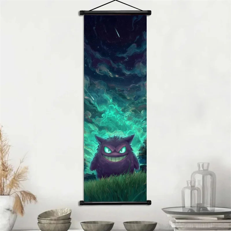Pokemon Gengar Scroll Art Cloth Anime Characters Wall Hanging Poster Halloween Xmas Decor Fans Collection Home Gifts