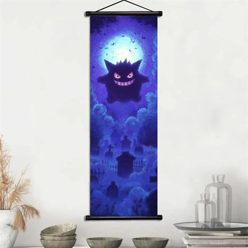 Pokemon Gengar Scroll Art Cloth Anime Characters Wall Hanging Poster Halloween Xmas Decor Fans Collection Home Gifts
