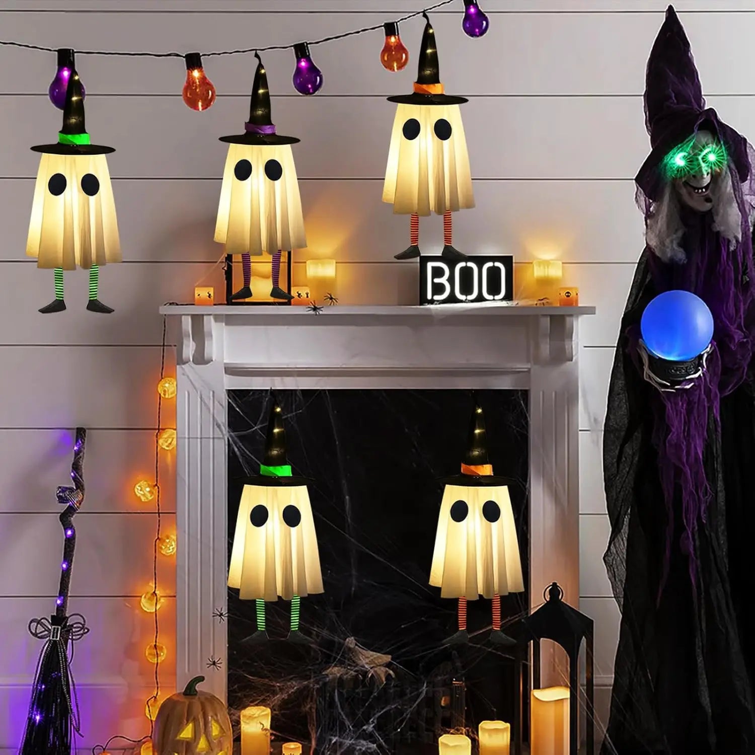 Halloween Hanging Ghost Decorations, Outdoor Halloween Witches Hat Lights, Glowing Ghosts for Garden Trees, Yard Halloween Decor