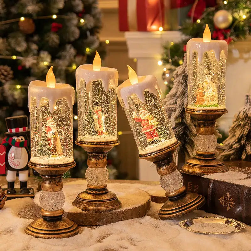 Christmas Decorations Water Filled Candles with Scene Crystal Lights Snowfall Effect Santa Claus Figurine Perfect Holiday Gift
