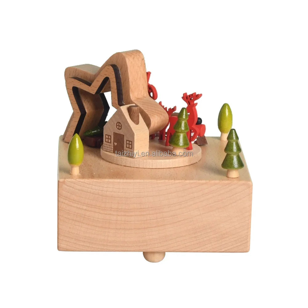 Christmas Gifts Wholesale Logo Engrave Mechanical Wind Up Clockwork Rotating Carousel Ballerina Music Box Wooden For Present