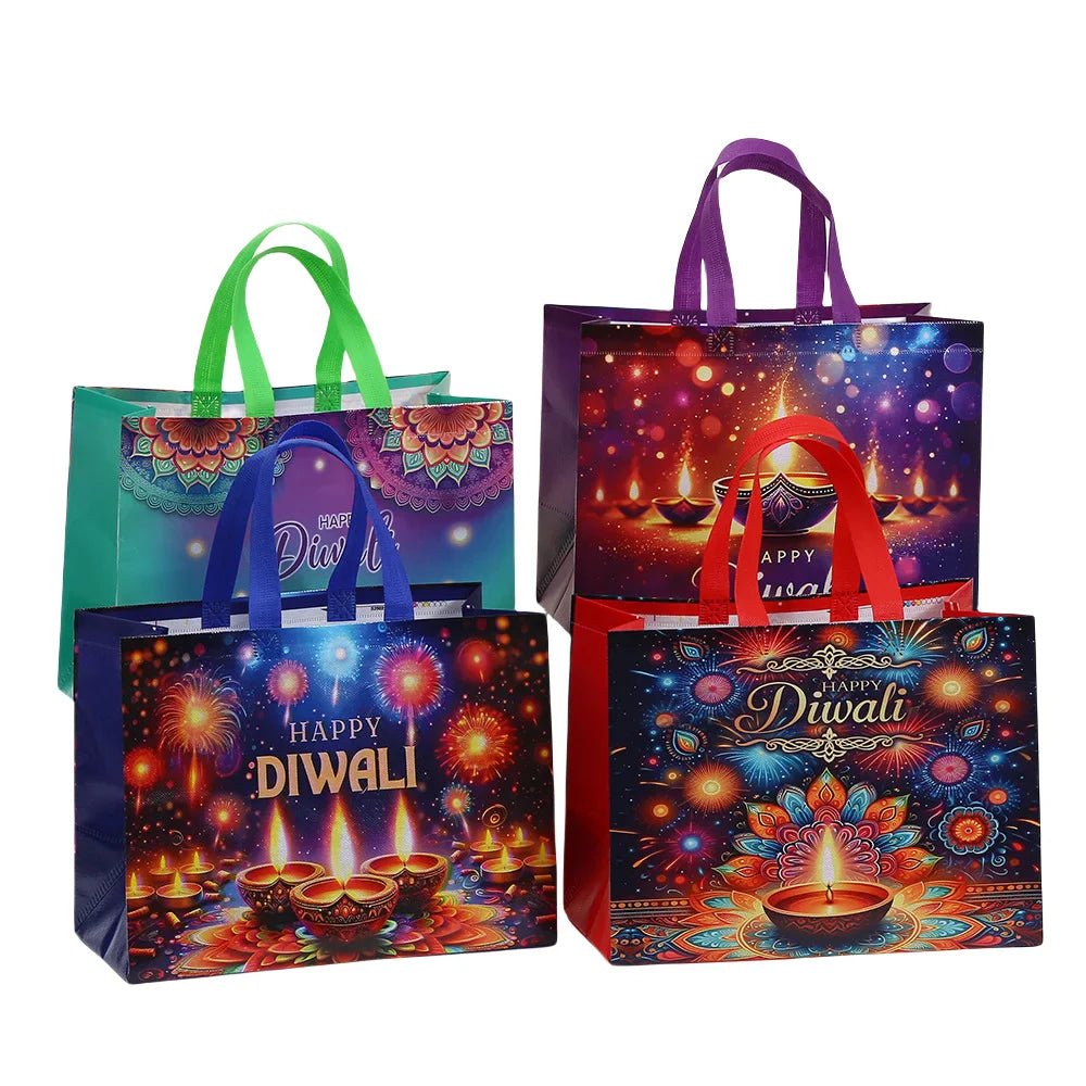 Happy Diwali Festival of Lights Nonwoven Gift Tote Bag with Colorful Diya Print for Party Favors Return Gifts