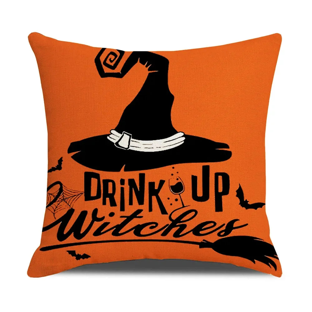 2024 New Linen Halloween Fall Cushion Cover 45x45cm Farmhouse Cat Witch Home Throw Pillow Covers For Home Room Couch Decor