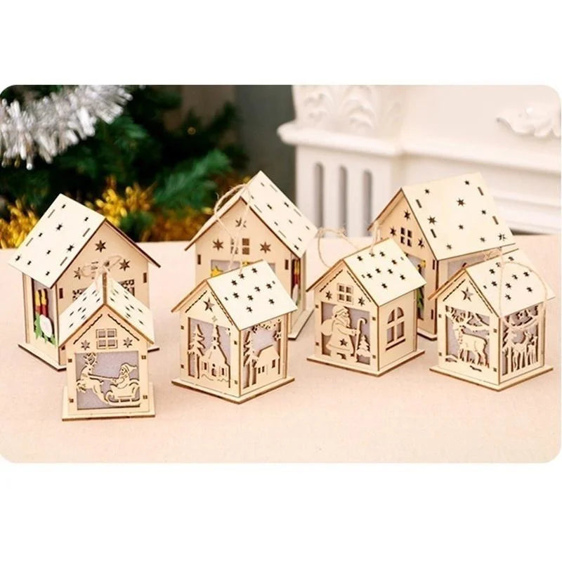 Christmas LED Light Wooden House Luminous Cabin Merry Christmas Decorations for Home DIY Xmas Tree Ornaments Kids Gifts New Year