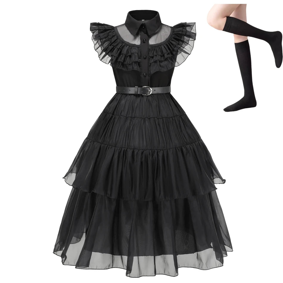 Girls Wednesdays Dress Movie Adams Halloween Cosplay Costume Family Kids Gothic Fantasia Vestidos Party Outfits Dress