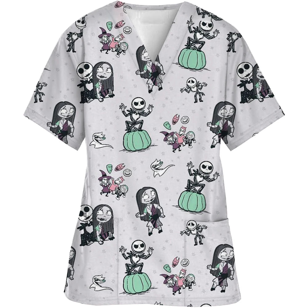 Christmas Nightmare V-neck Work Clothes Halloween Surgery plus size Nurse Medical Clothes Matte Top Women