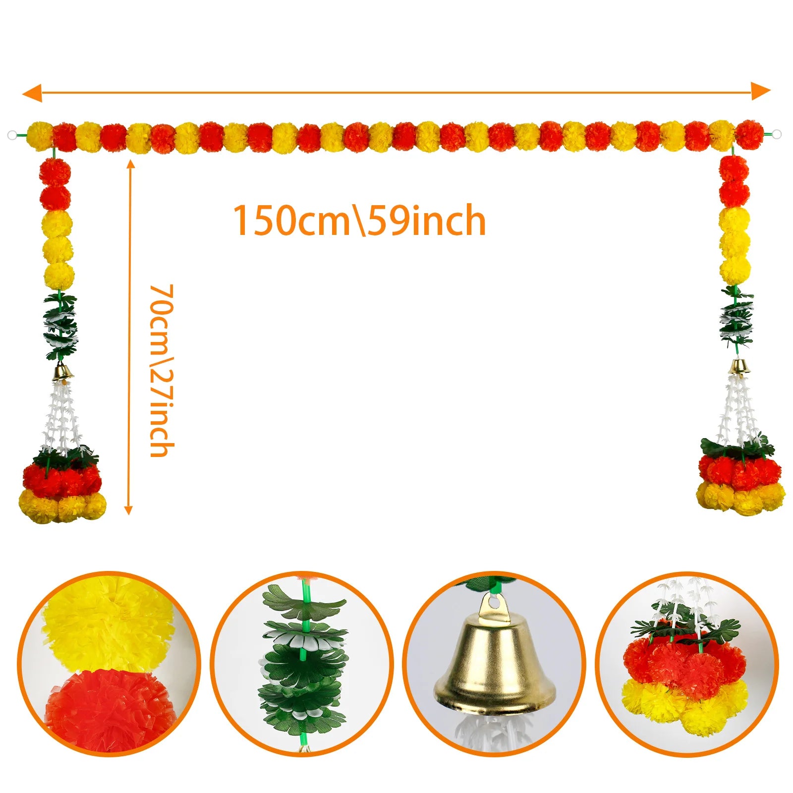 2-10pcs Marigold Flower Garland For Decoration Artificial Flower Garland Pooja, Diwali,Mexican Party ,Day of The Dead Decor