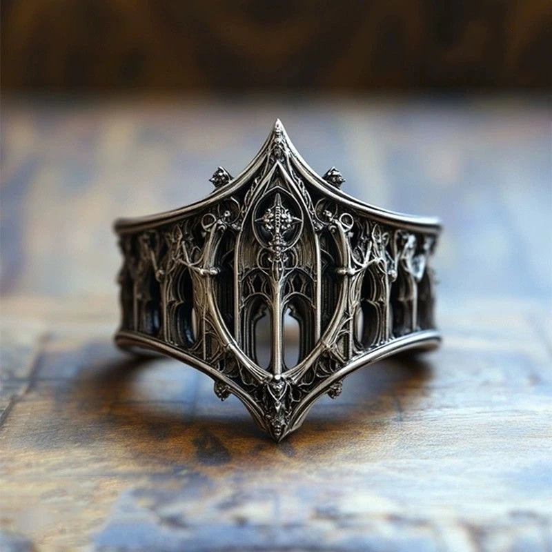 LATS Retro Personality Ancient Silver Color Hollowed-out Relief Crown Castle Rings for Women Men Halloween Trend Gothic Jewelry