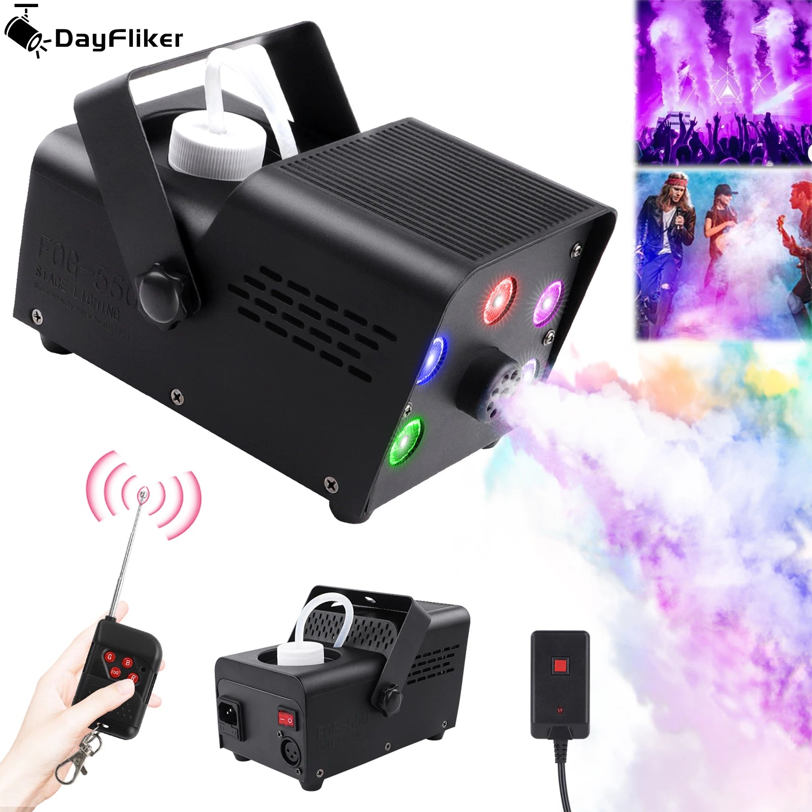 DayFlicker Smoke Machine 500W RGB Colorful 5 LEDs Fog Ejector Stage Effect Fogger Spray Equipment for Wedding Halloween DJ Show