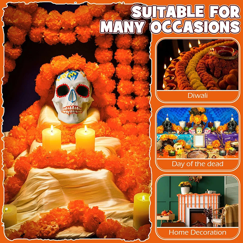 5-50pcs Marigold Flower Garland For Decoration 5 ft Artificial Flowers Mexican Diwali Indian Wedding Party Pooja Day of The Dead