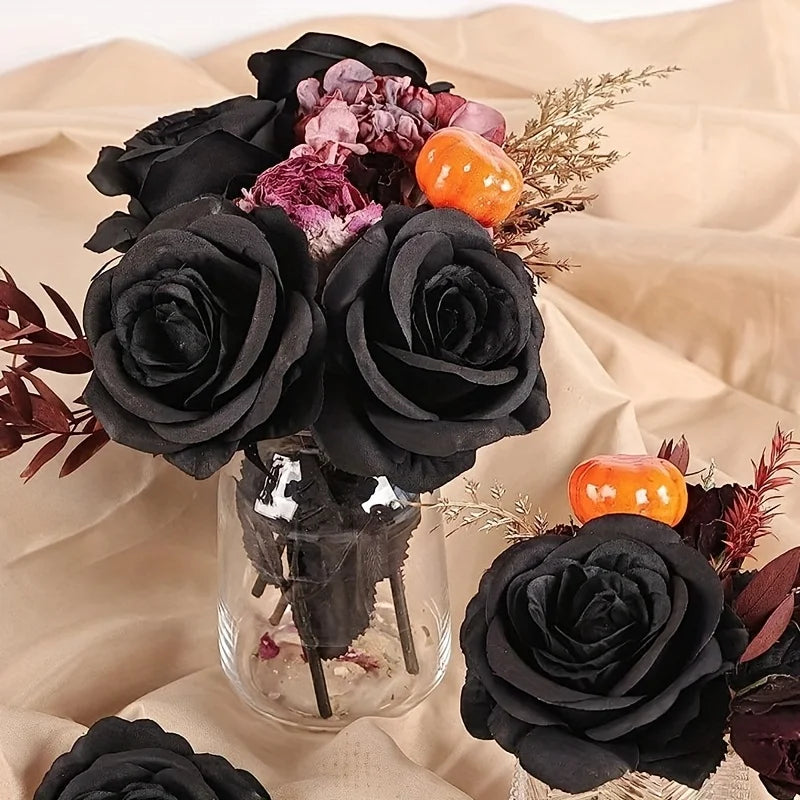 Artificial Black Roses Fake Flowers, Long Stem, with No Container, for Halloween, Home Decor, Wedding Party, Tabletop