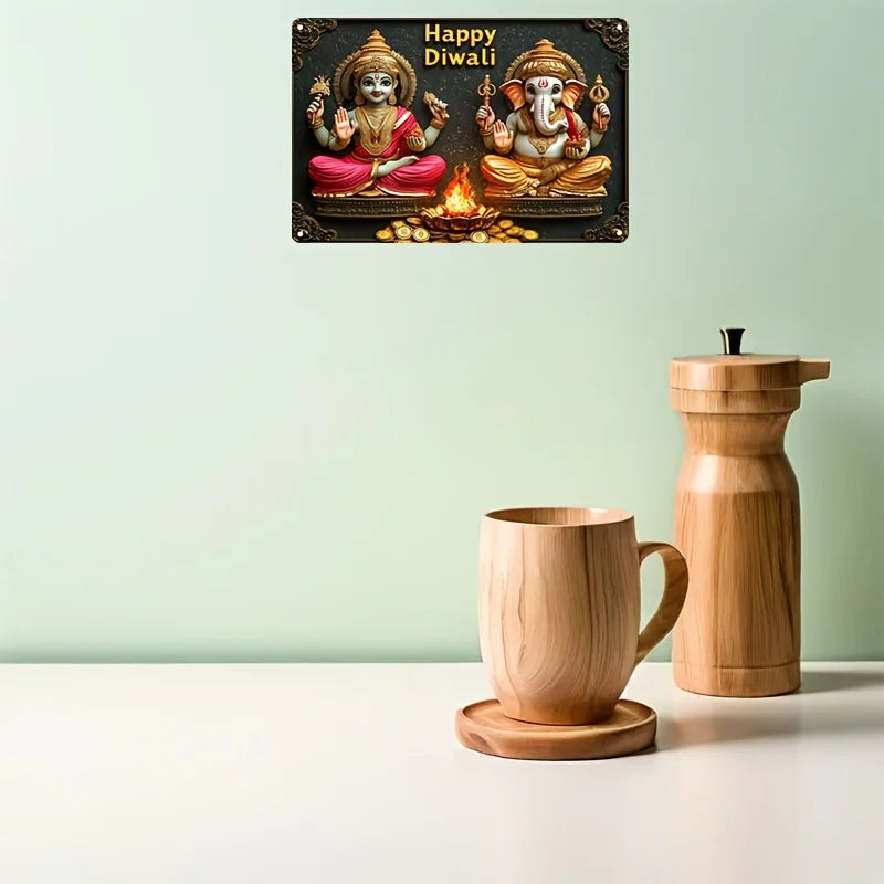 1pc Divine Aluminum Diwali Sign, 2D Lakshmi and Ganesha Figurine, Universal Holiday Decor, Ideal for Home, Bar, Table Decoration