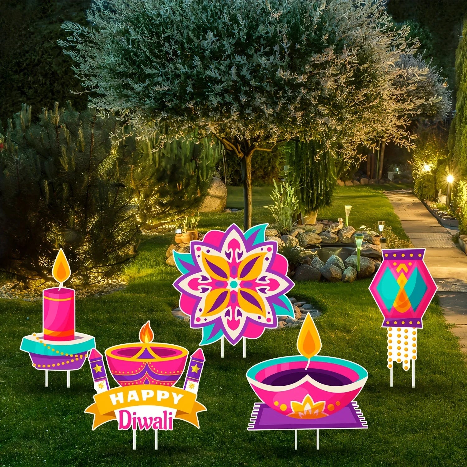 Happy Diwali Yard Sign Outdoor Colorful Yard Lawn Diwali Yard Decorations with Plastic Rods for Yard Diwali Party Outdoor