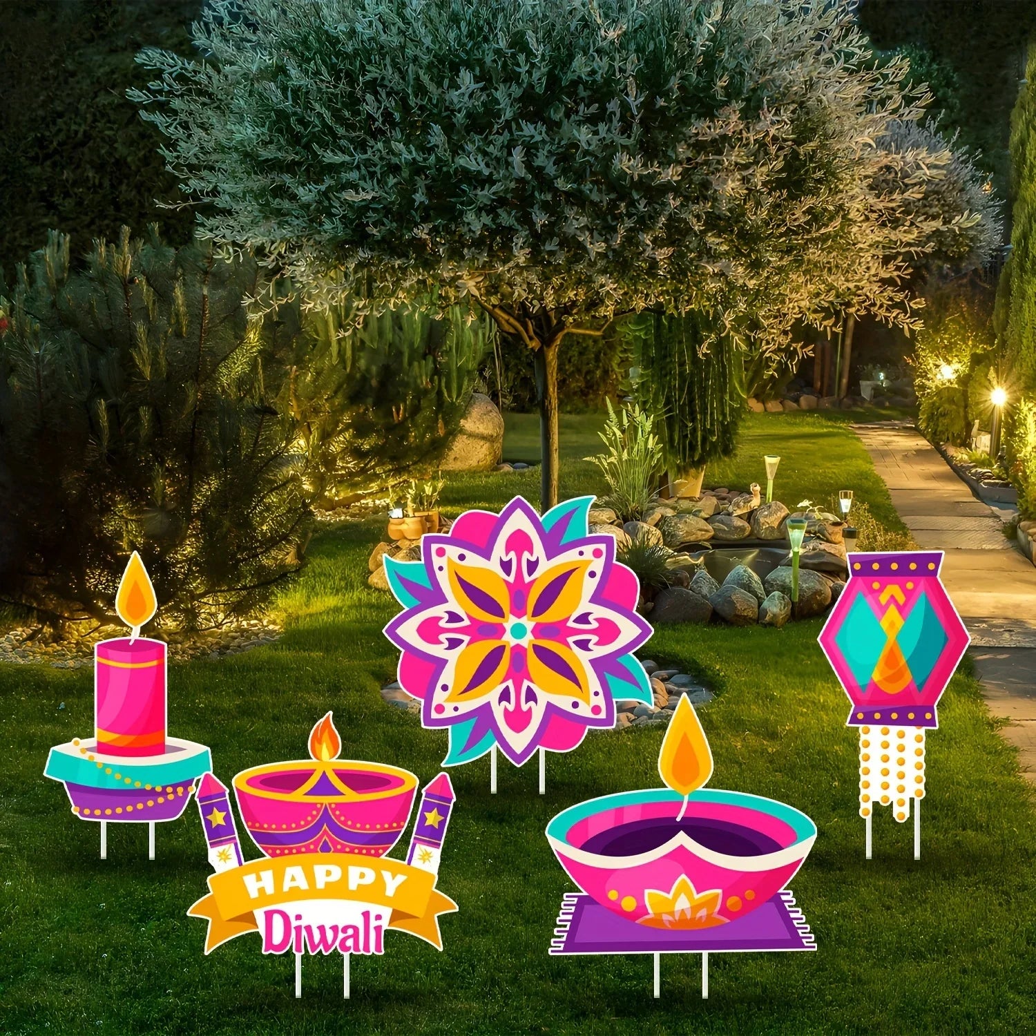 Happy Diwali Yard Sign Outdoor Colorful Yard Lawn Diwali Yard Decorations with Plastic Rods for Yard Diwali Party Outdoor