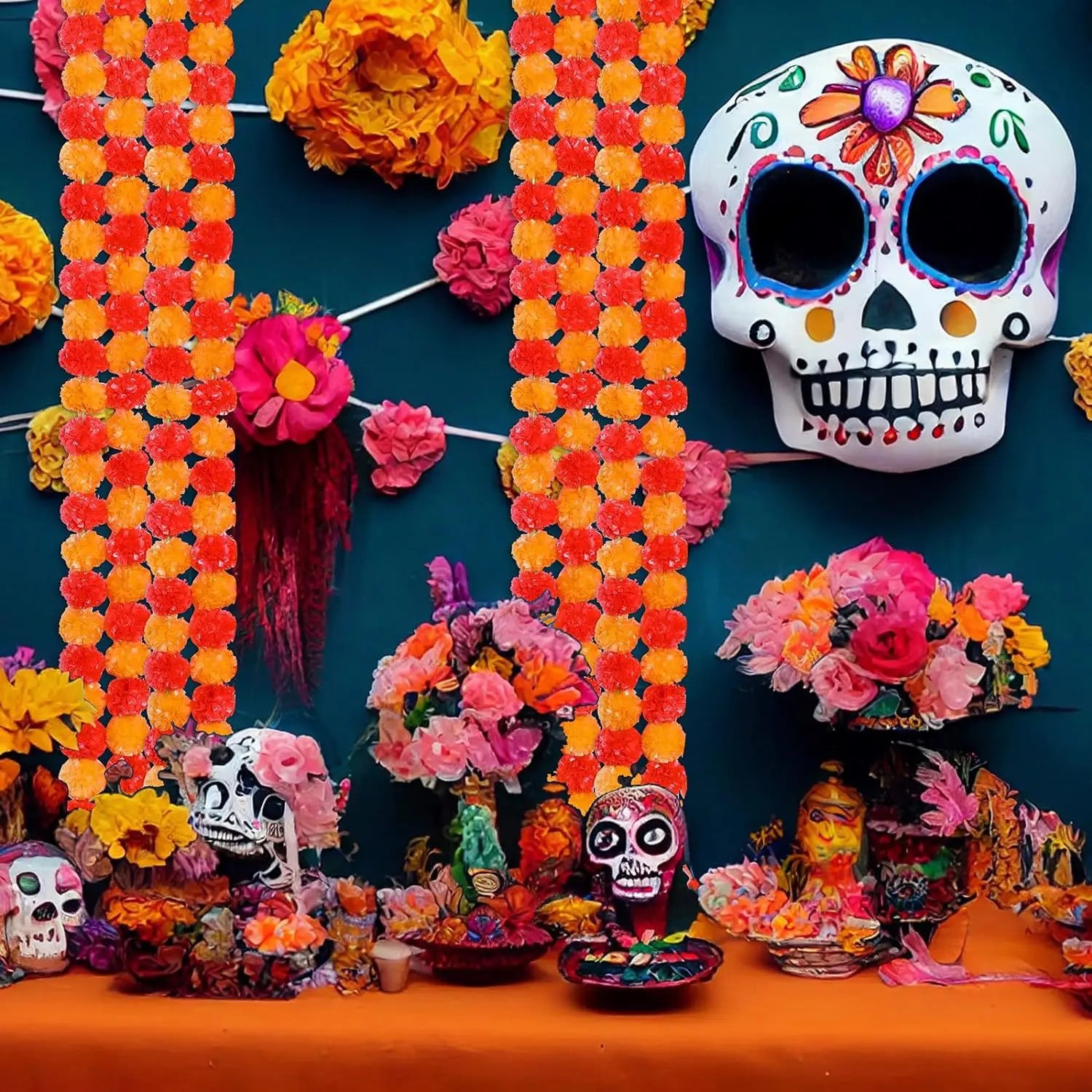 5-100PCS Marigold Flower Garlands for Decoration Artificial Flowers Diwali Indian Décor Pooja Day of The Dead Mexican Party