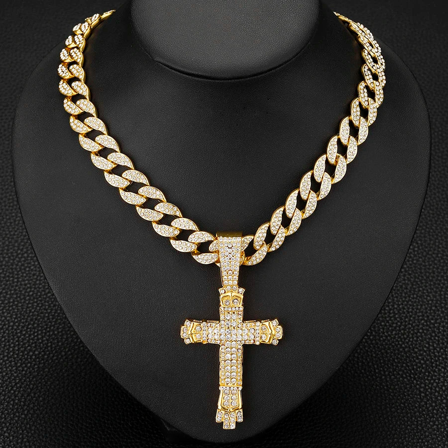 Cross Cross Pendant Necklace For Men Hip Hop Cuban Chain Bling Jewelry With Crystal Miami Cuban Chain fashion jewelry