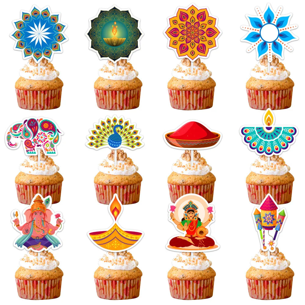 Diwali  Cake Topper Flags Deepavali Cupcake  Festival Decoration Party Supplies