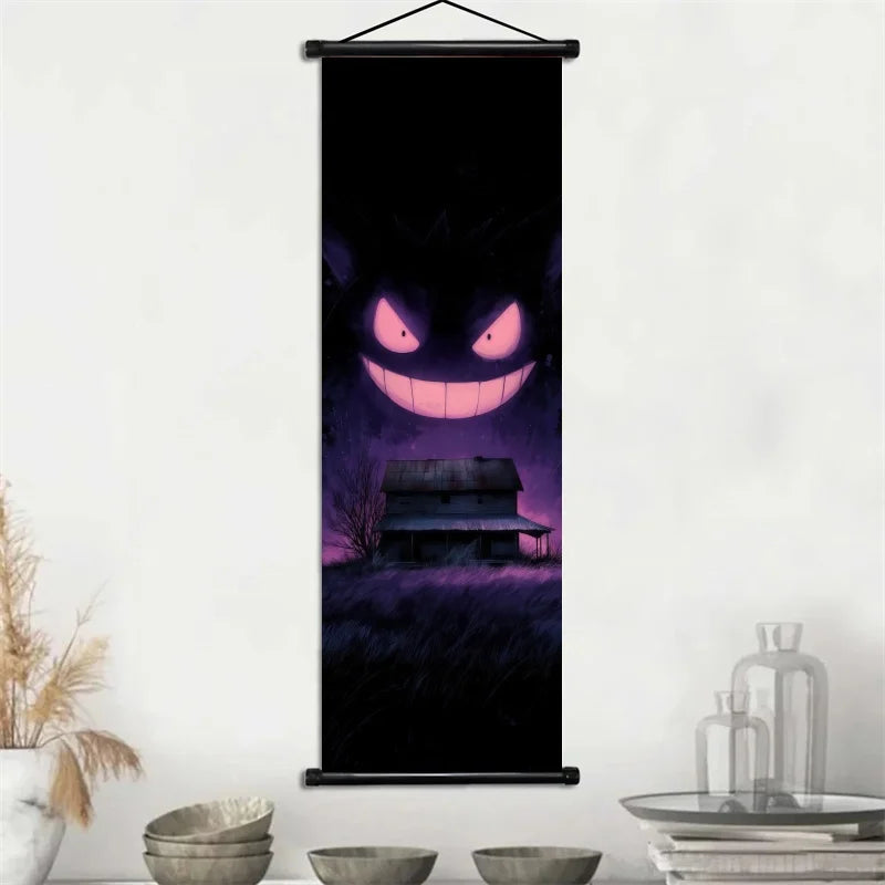Pokemon Gengar Scroll Art Cloth Anime Characters Wall Hanging Poster Halloween Xmas Decor Fans Collection Home Gifts
