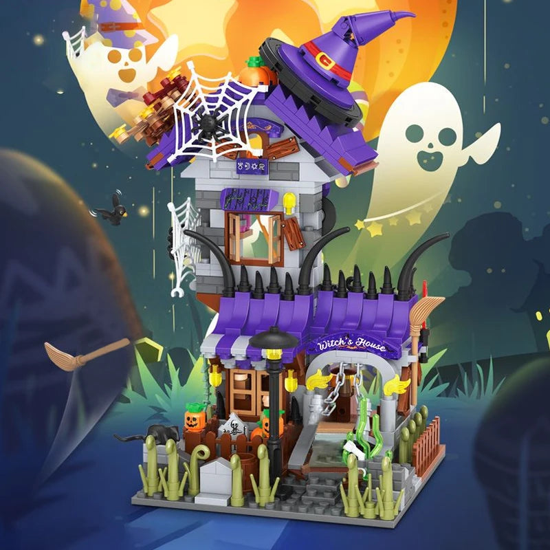 Halloween Toys Building Blocks Assembly Pumpkin House Ghost House Witch Science Monster Friend Party Decor Model Kids Gifts