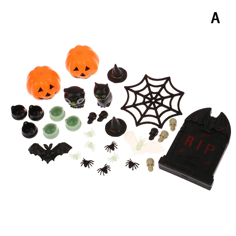 1Set 1:12 Dollhouse Halloween Horror Decor Toy Bat Skull Broom Spider Ornament Outdoor Decoration