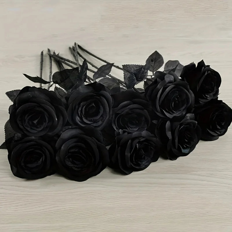 Artificial Black Roses Fake Flowers, Long Stem, with No Container, for Halloween, Home Decor, Wedding Party, Tabletop