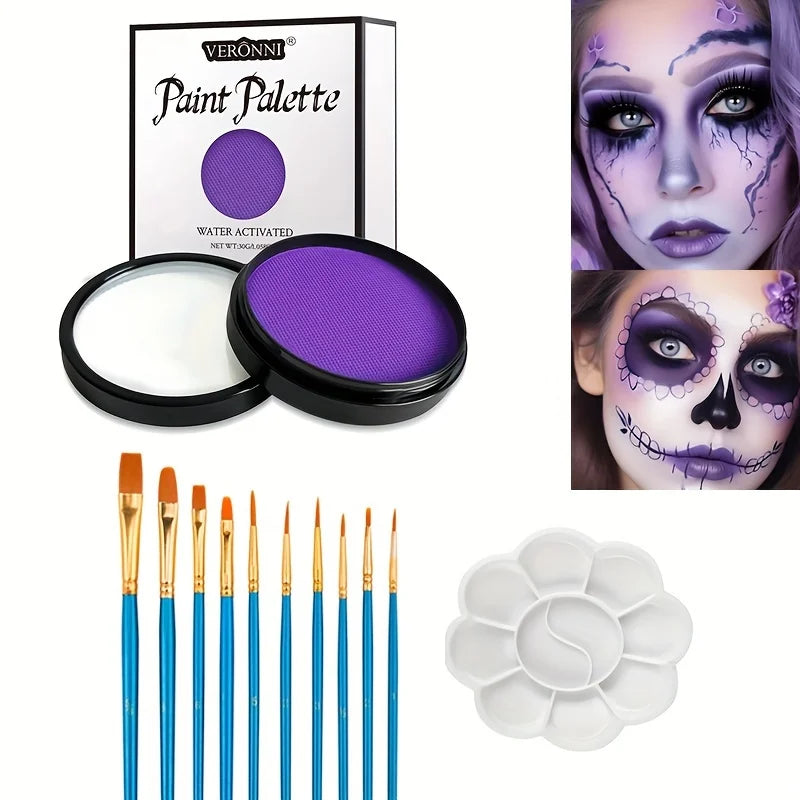 30g Water-Activated Body Makeup Face Paint Set 3-Piece with Brushes Mixing Palette for Halloween Christmas Costume Party Cosplay