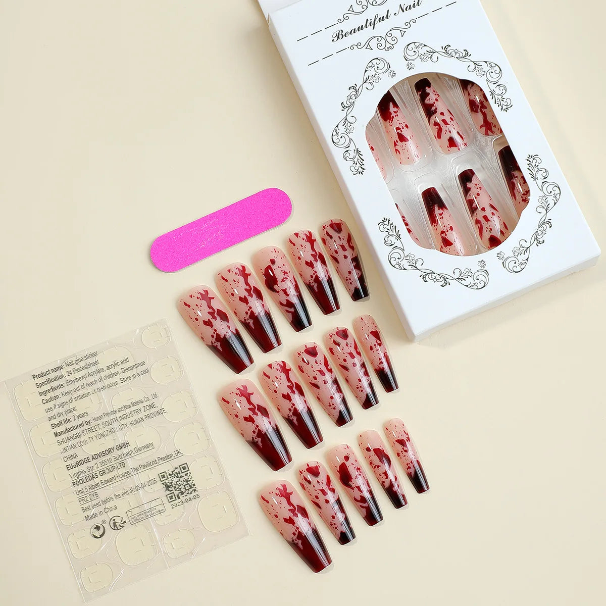 Halloween Red Bloodstain False Nails Long Coffin Ballet Full Cover Press on Nails Detchable Full Cover Fake Nail Patches 24pcs