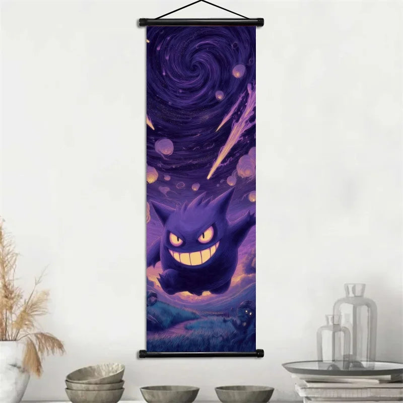 Pokemon Gengar Scroll Art Cloth Anime Characters Wall Hanging Poster Halloween Xmas Decor Fans Collection Home Gifts