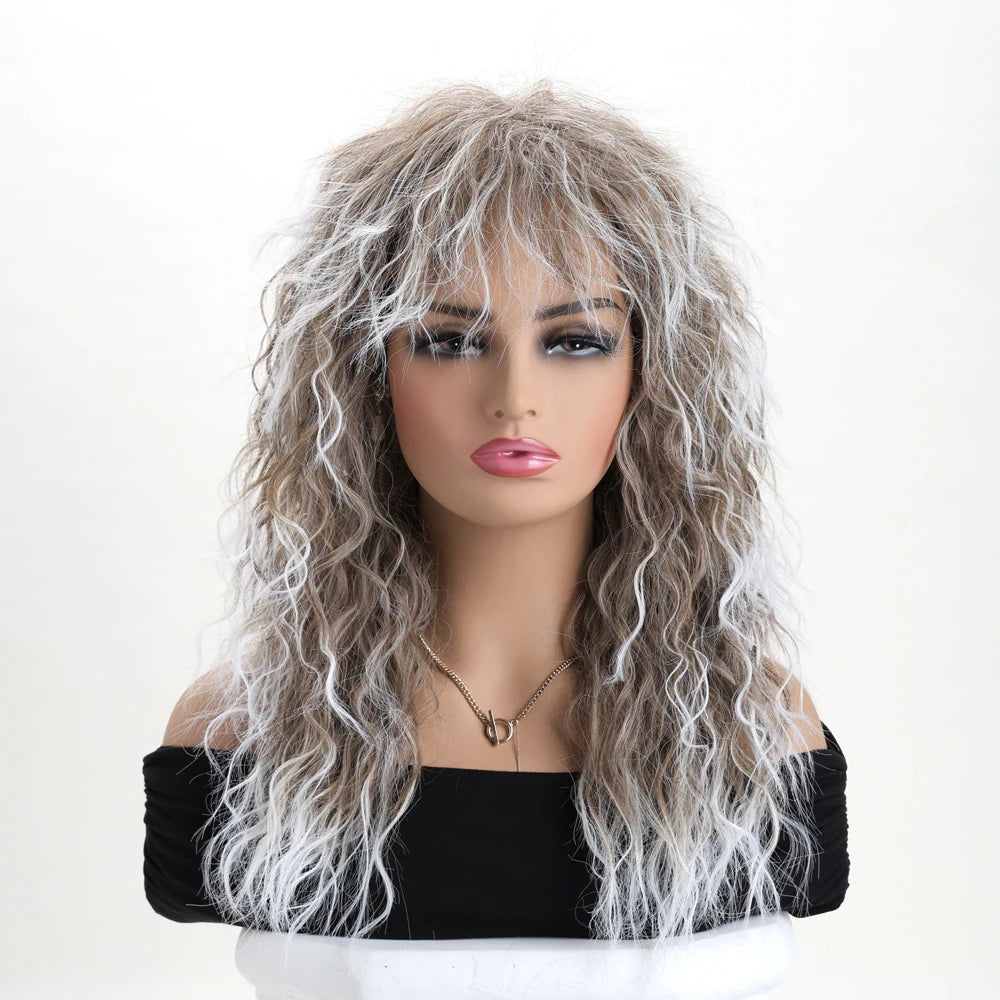 Women’s 70s 80s Style Long Synthetic Curly Hair Wig Glam Rock Rocker Wig Perfect for Halloween Cosplay  DIY Themed Costume Party
