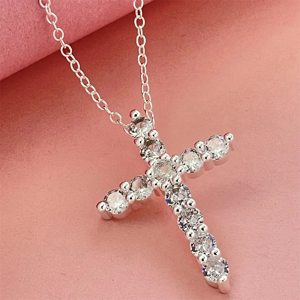 925 sterling silver diamond cross pendant with thin chain, versatile and fashionable