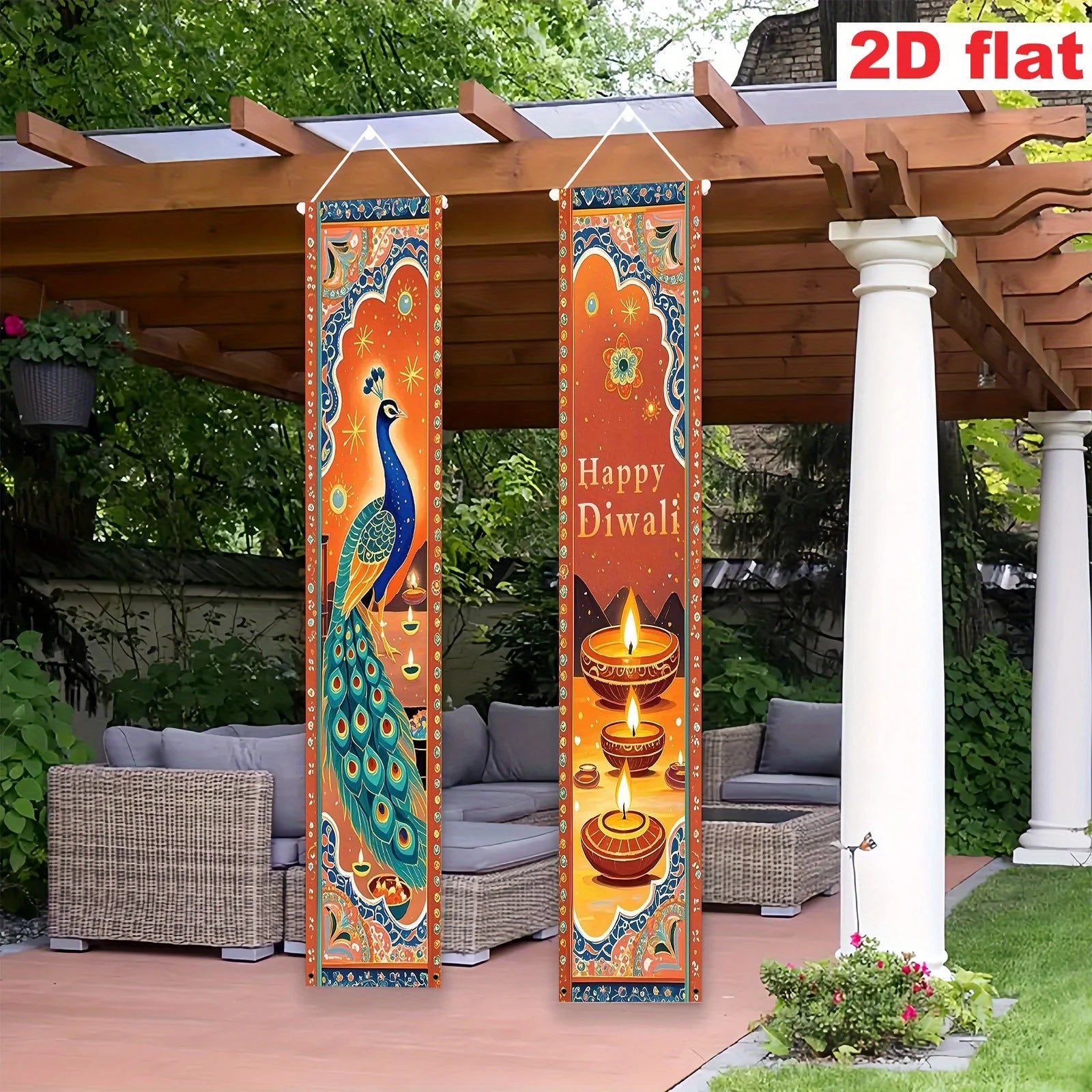 Indian Diwali Theme Decoration Welcome Door Couplets, Peacock, and Oil Lamp Decoration Design