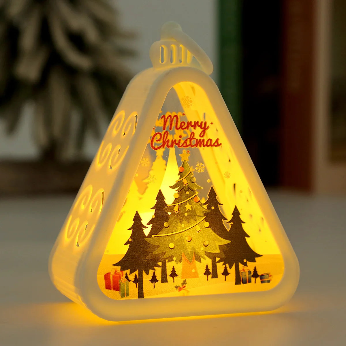 Christmas decorations night lights glowing gifts window tabletop ornaments arrangement props ambient christmas tree pendants