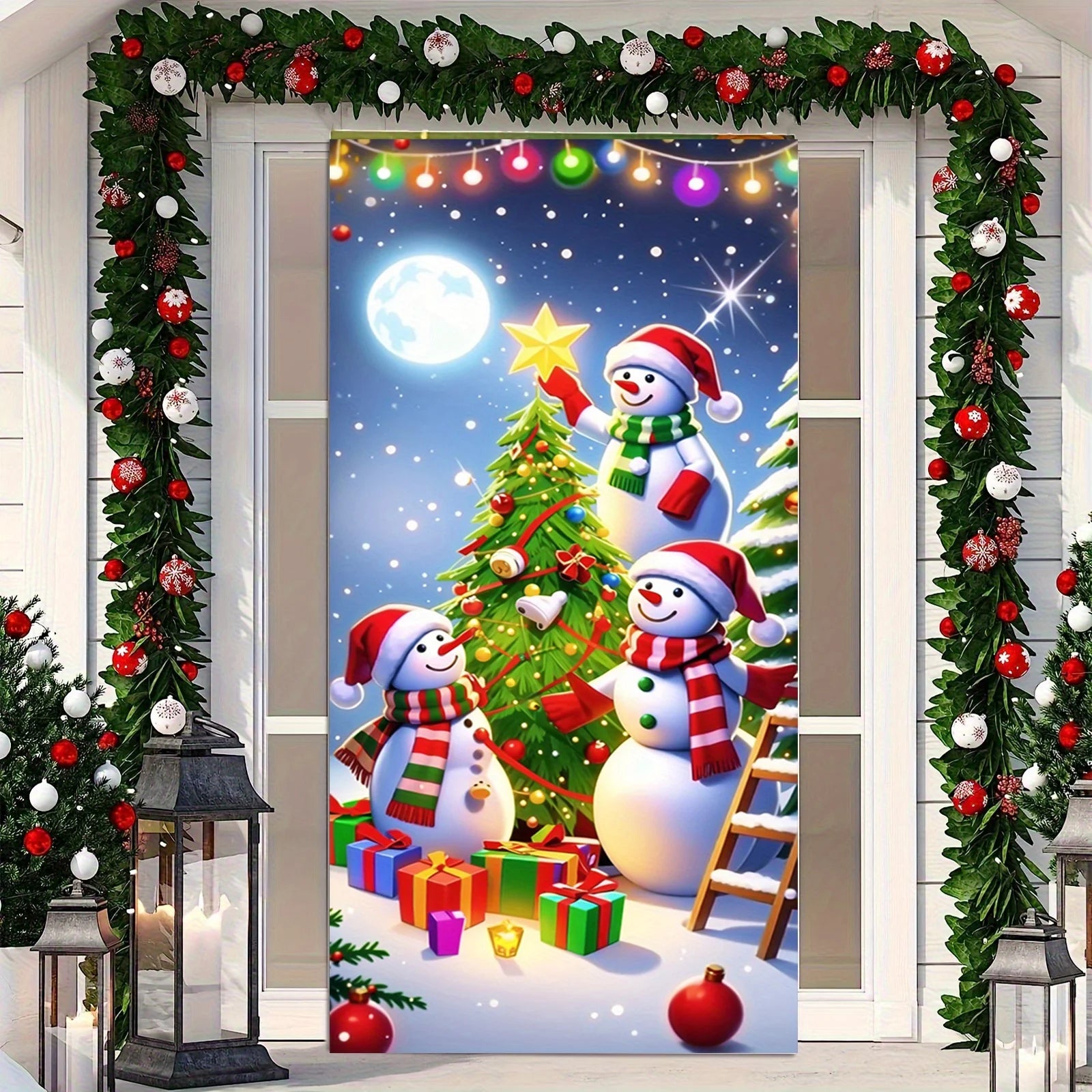 Christmas door casing, snowman decorated Christmas tree, washable to add joy, perfect holiday, entrance and outdoor party
