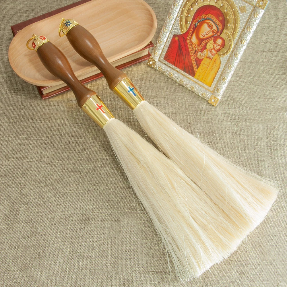 Orthodox Holy Water Brush - 15.4" Zinc Alloy Golden Ornate Design with Gem Accents, Perfect for Baptism, Weddings