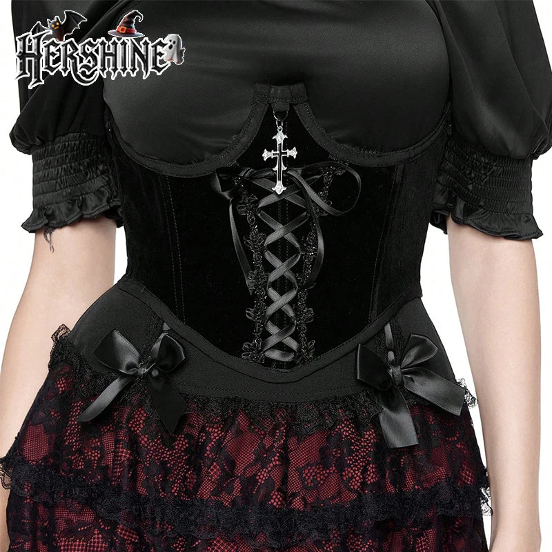 HERSHINE 1-piece Women's Black Velvet Fabric Lace Waist Waist Cover Y2K Gothic Dark Halloween Dress Accessories