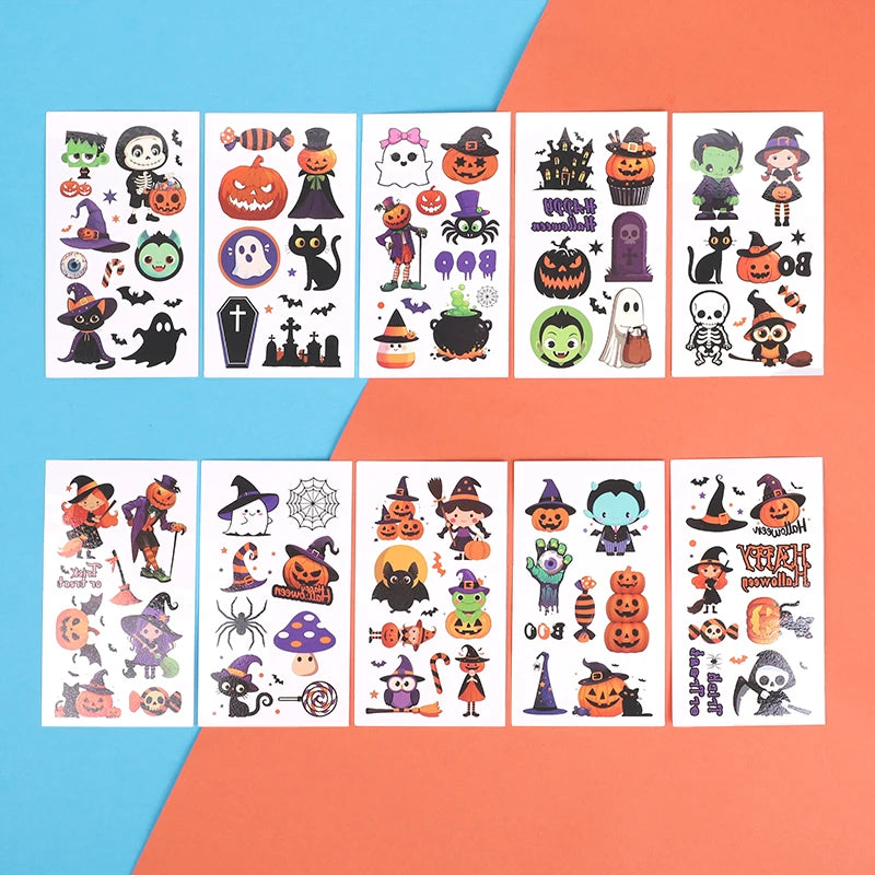10Pcs Halloween Cartoon Tattoo Stickers Pumpkin Ghost Bat Spider Temporary Sticker Kids Birthday Party Favors Boy Girl Gifts