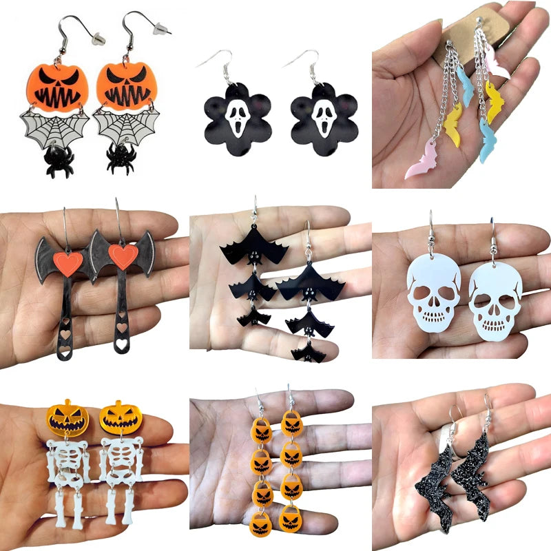 New Skeleton Pumpkins Halloween Earrings Women Hallowmas Costume Cosplay Skull Heart Axe Black Bat Acrylic Drop Earring