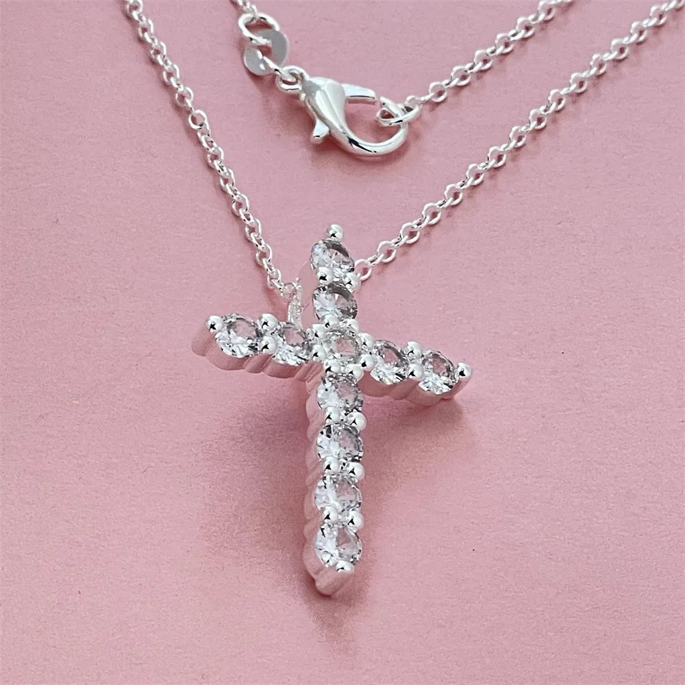 925 sterling silver diamond cross pendant with thin chain, versatile and fashionable