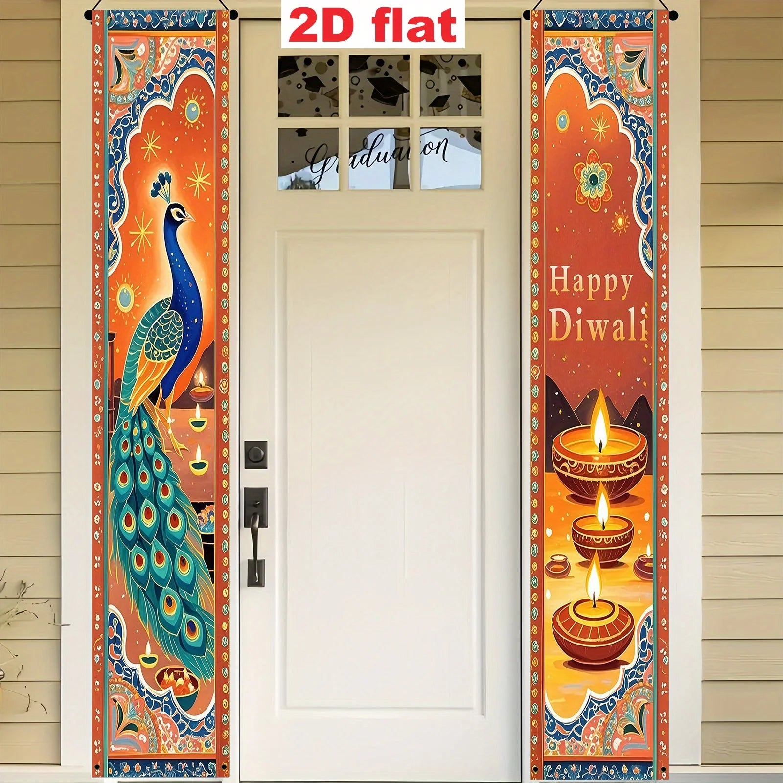 Indian Diwali Theme Decoration Welcome Door Couplets, Peacock, and Oil Lamp Decoration Design