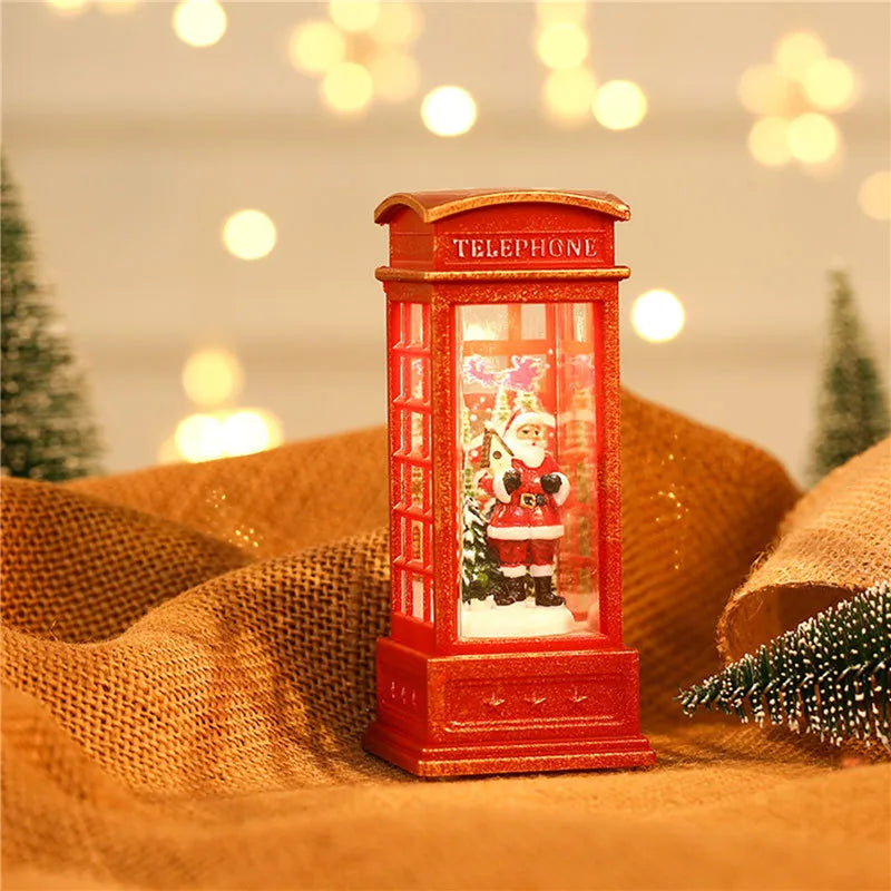 Christmas Decoration Desktop Ornament Luminous Telephone Booth With Snow Globes Spinning Water Swirling Glitter For Home Holiday