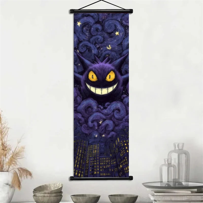 Pokemon Gengar Scroll Art Cloth Anime Characters Wall Hanging Poster Halloween Xmas Decor Fans Collection Home Gifts