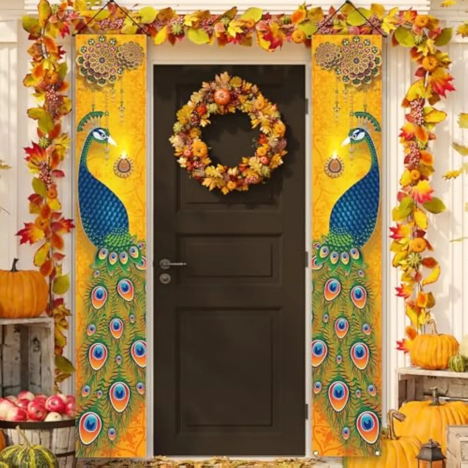 VIKAMA Diwali Festival Happy Gateway Banner Indian Diwali Festival Peacock Front Porch Welcome Sign Party Decorative Items