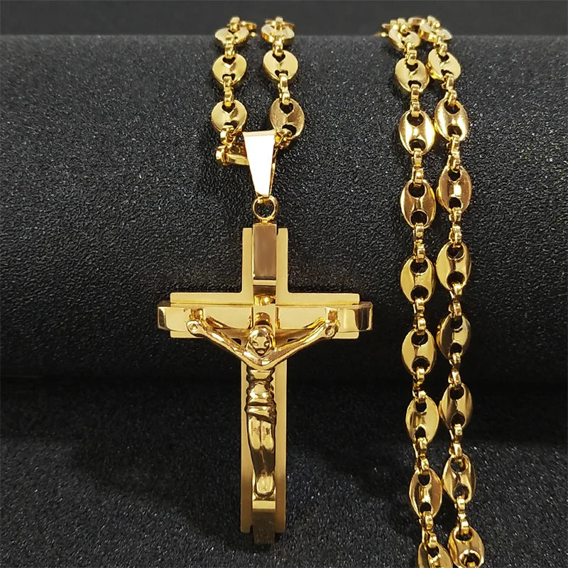 Jesus Cross Crucifix Pendant Necklace for Men Stainless Steel Gold Color Christian Coffee Bean Chain Jewelry croix chrétienne
