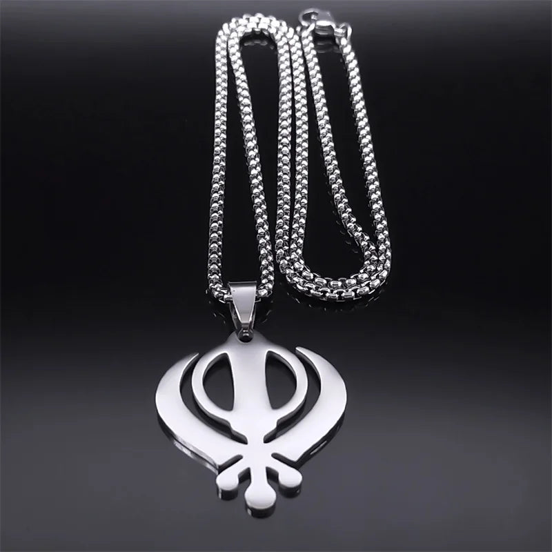 India Sikhism Symbol Necklace Pendant for Women/Men Stainless Steel Silver Color Sikh Khanda Necklaces Religious Jewelry N8090S0